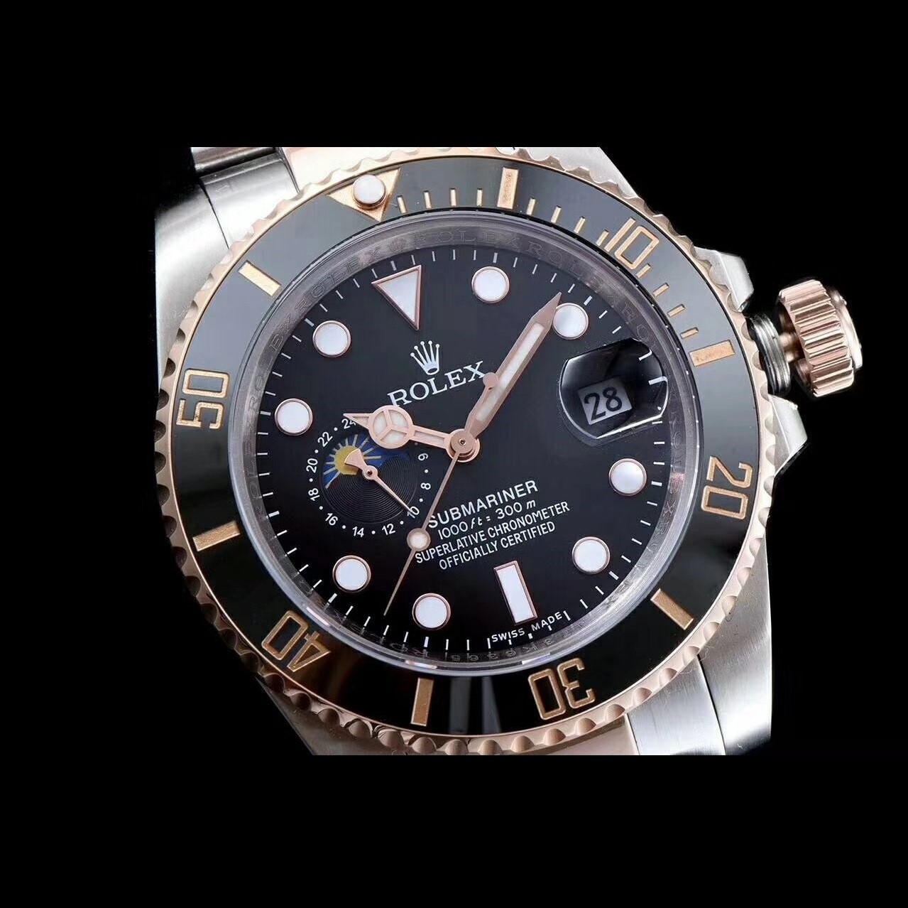 ROLEX 로렉스 문페이즈 Plus 서브마리너 데이트 UP블랙 세라믹 베젤 블랙 다이얼 오이스터 브레이슬릿 스위스 ETA 2836-2 오토매틱 무브먼트 rol0735