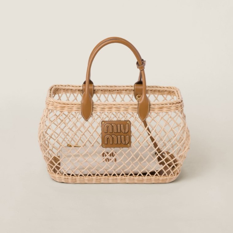 MIUMIU 미우미우 가죽 트리밍 우븐 패브릭 핸드백 5BA285