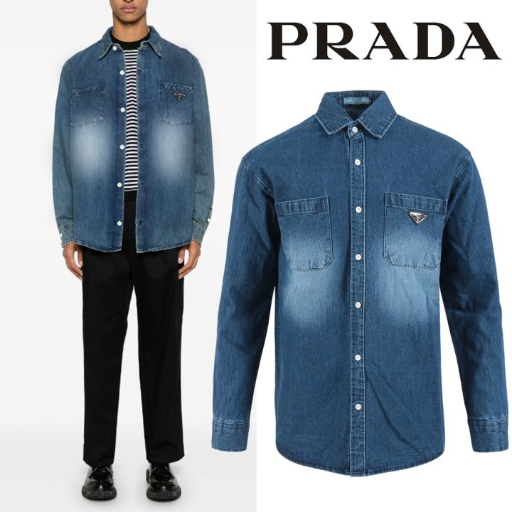 PRADA 프라다 클래식 투포켓 트라이앵글 워싱 데님셔츠
