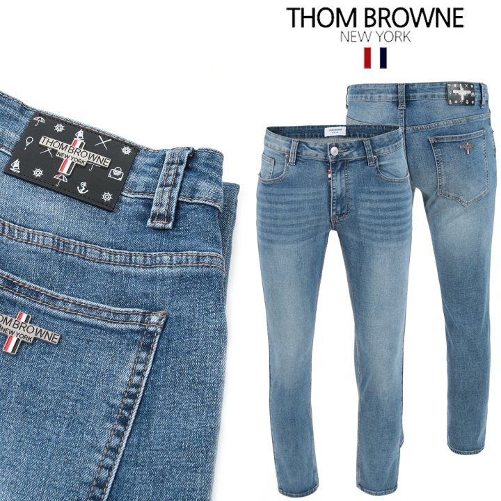 THOM BROWNE 톰브라운 마린레더패치 스틸 중청워싱 슬림진