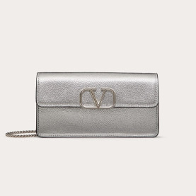 VALENTINO 발렌티노 브이로고 시그니처 메탈릭 그레인 카프스킨 체인 지갑