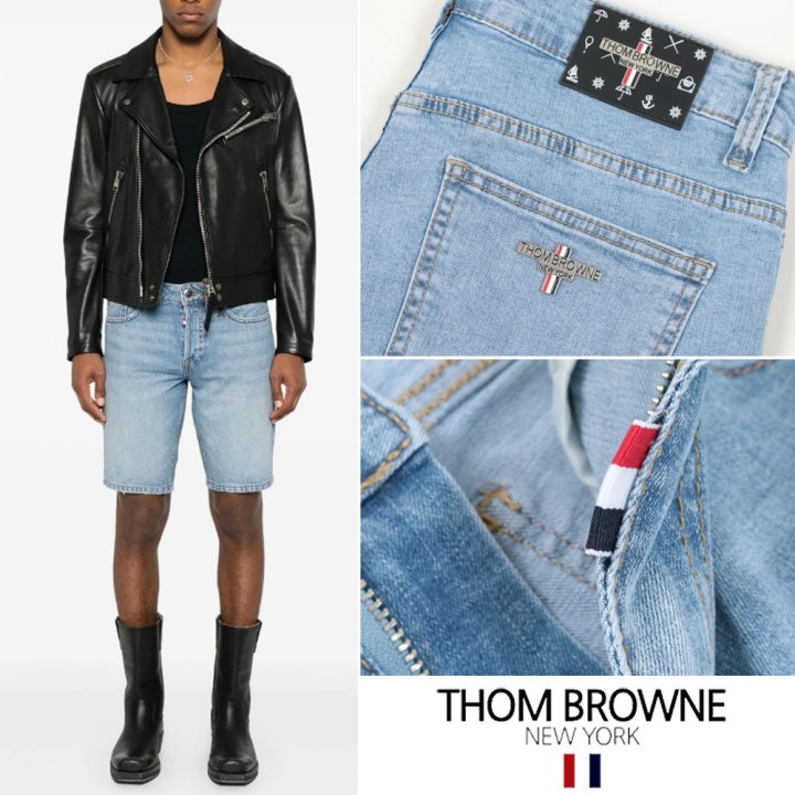 THOM BROWNE 톰브라운 마린레더 스틸 연청 데님쇼츠
