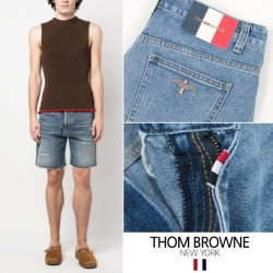 THOM BROWNE 톰브라운 삼색레더 스틸 데미지 데님쇼츠