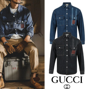GUCCI 구찌 포켓 포인트레더 스냅 데님셔츠