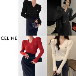 CELINE 셀린느 브이넥 벌룬 퍼프니트