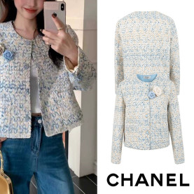 CHANEL 샤넬 자카드 아이보리 꽃브로치 트위드 자켓