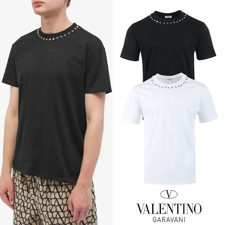 VALENTINO 발렌티노 락스터드 넥 실켓 하프 티셔츠