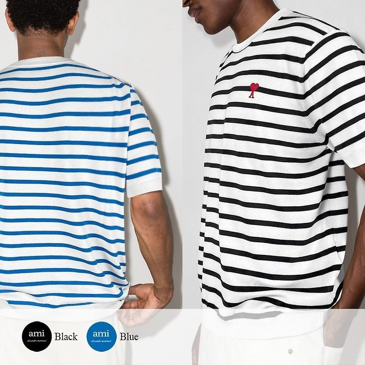 AMI 아미 드 꾀흐 엠브로이더리 스트라이프 니트반팔