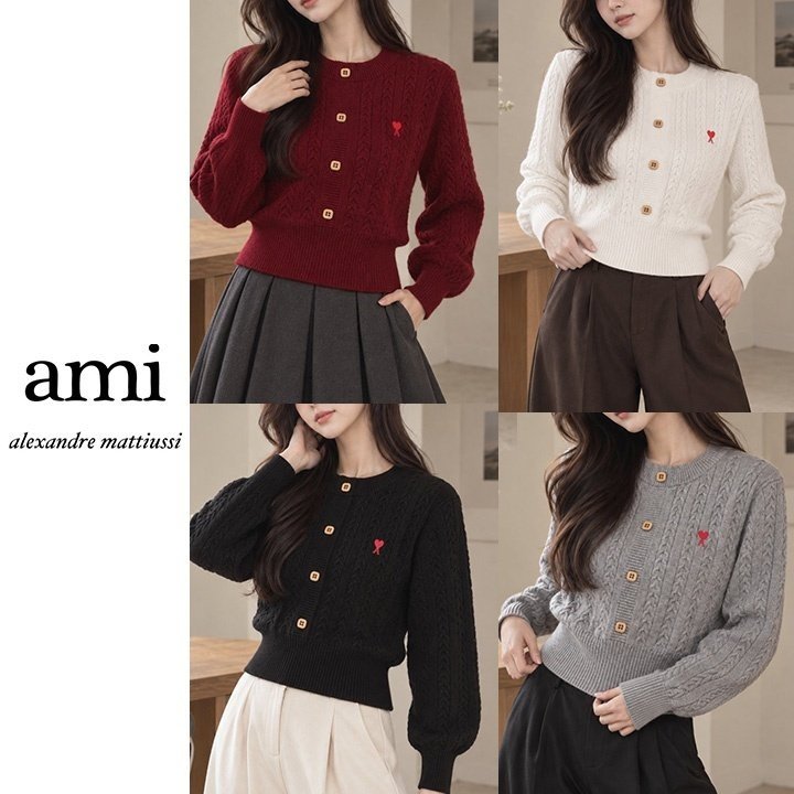 AMI 아미 스몰하트 버튼 꽈배기 긴팔