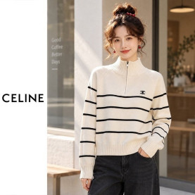 CELINE 셀린느 하이넥 단가라 반집업 니트 3COLOR