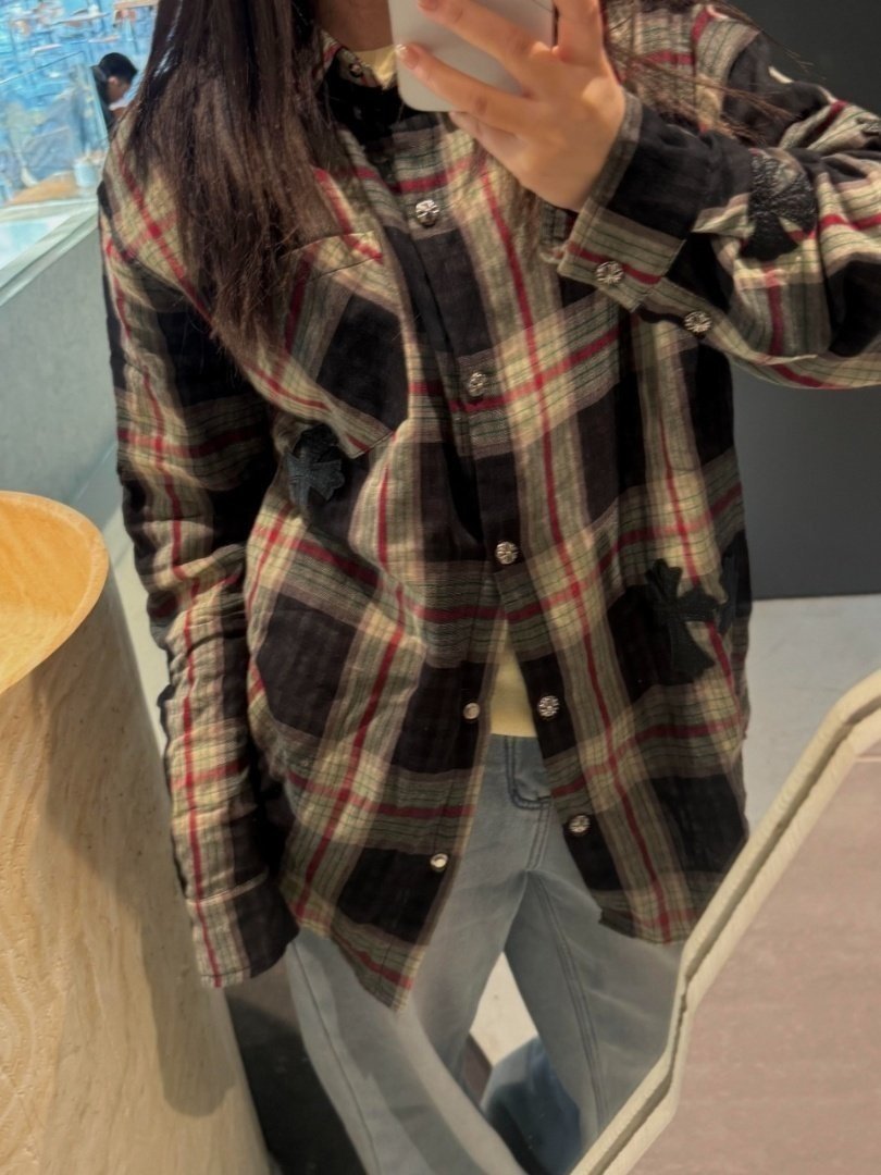 CHROME HEARTS 크롬하츠 크로스 패치 린넨 체크 셔츠